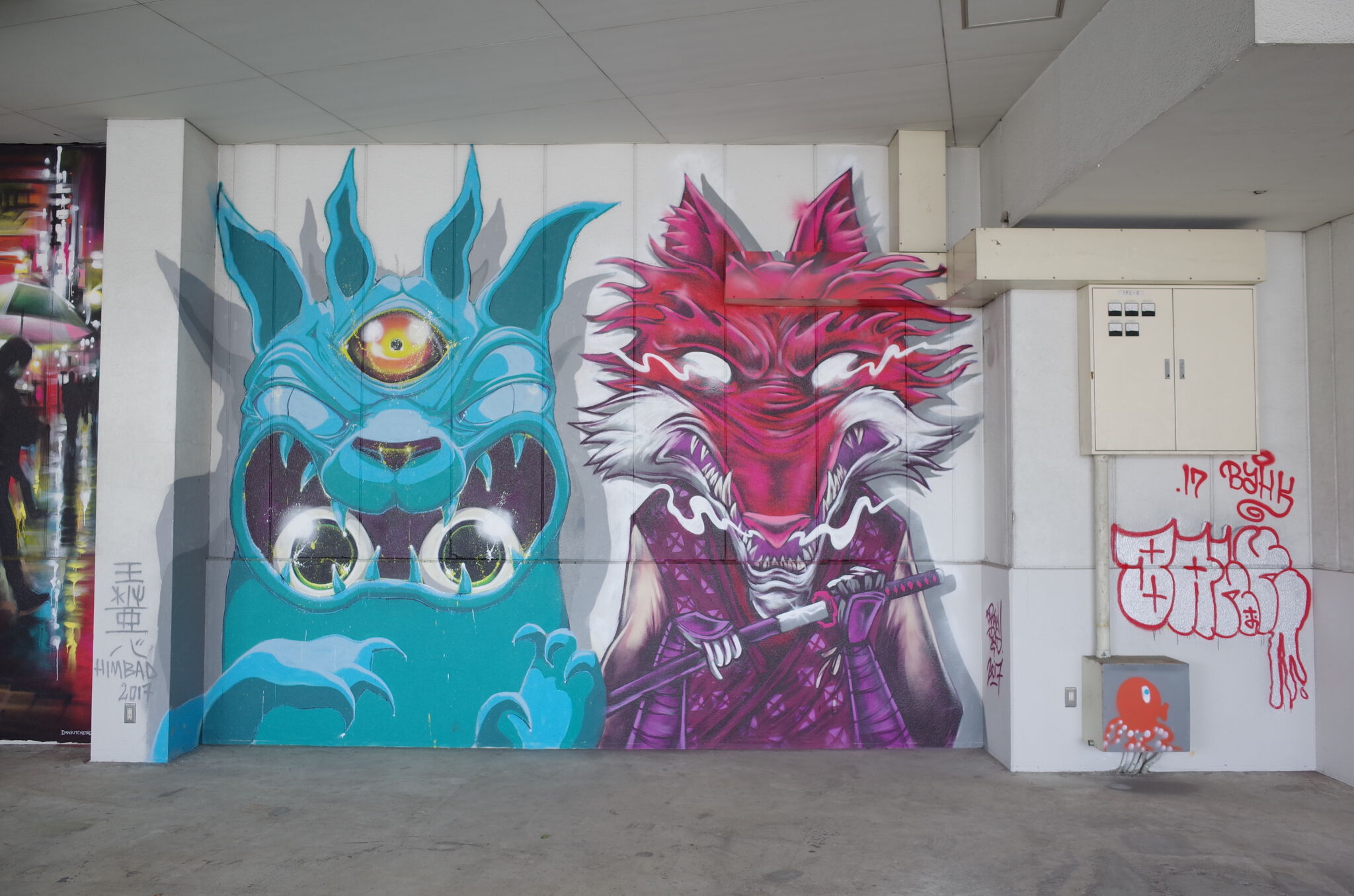 Fin DAC, Himbad, Captain Kris, Aito Kitazaki, cpwon, Remio, la_coulure_is_cool, headache_stencil, Paola Delfin, Dan Kitchener, Alex Face, MUEBON&mdash;street art garage tokyo @edogawall
